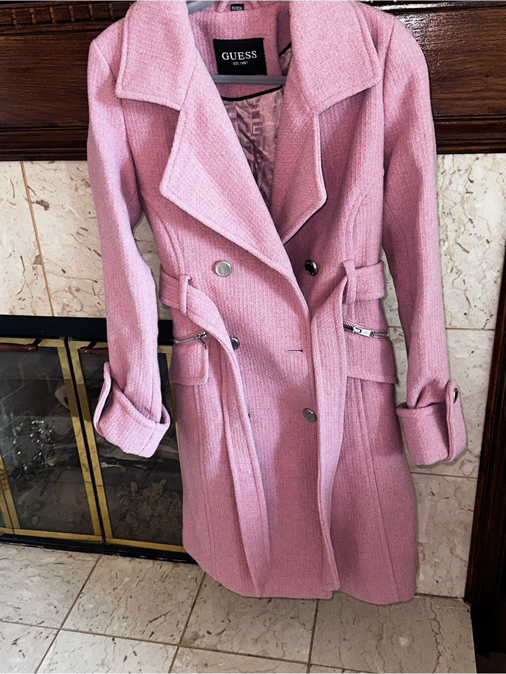 GUESS Pink Belted Trench Coat with Zip-Accent Pockets
